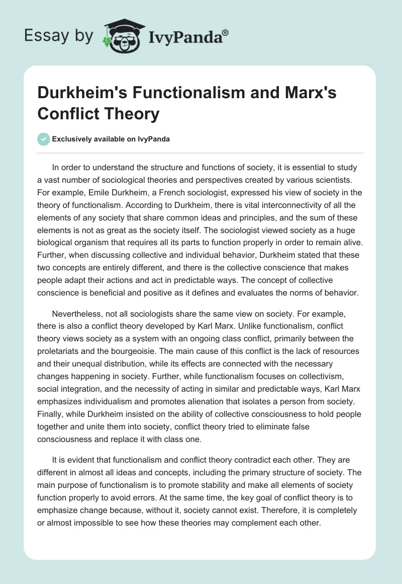Durkheim's Functionalism and Marx's Conflict Theory. Page 1