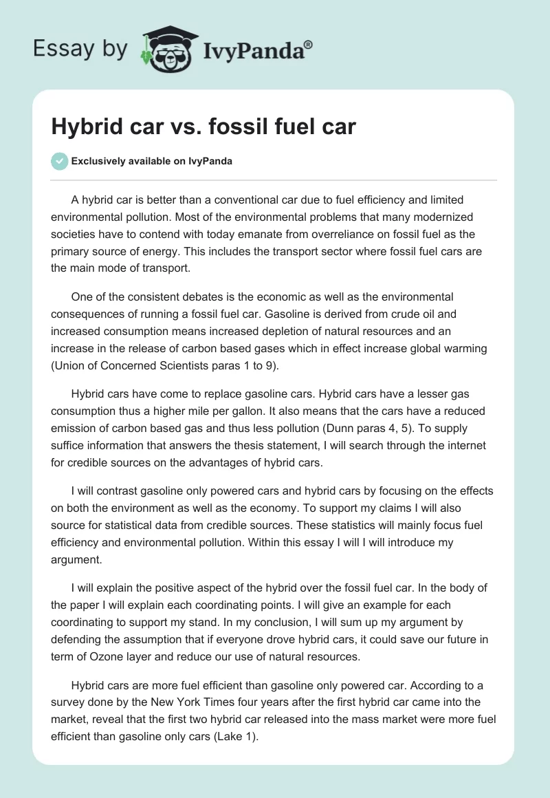 Hybrid Car vs. Fossil Fuel Car. Page 1