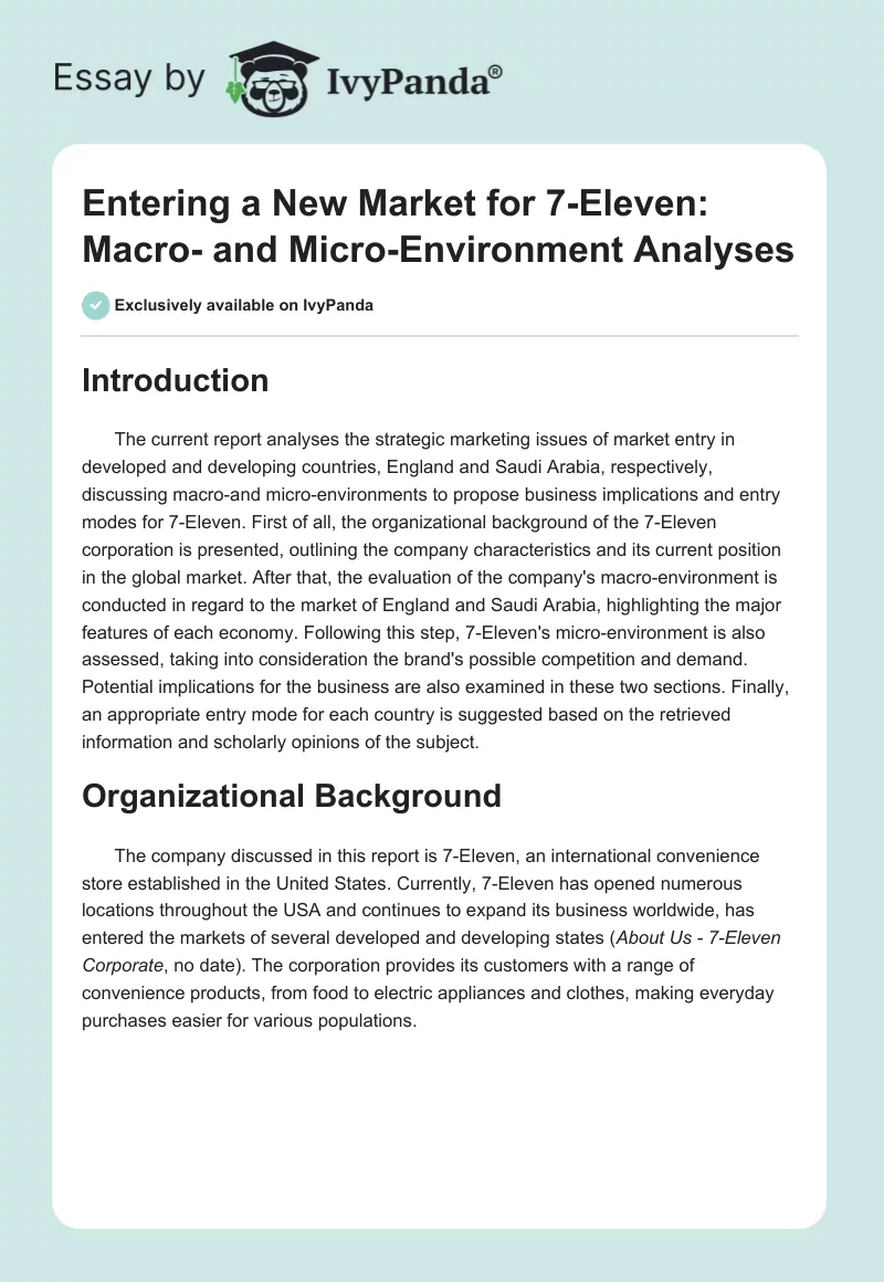 Entering a New Market for 7-Eleven: Macro- and Micro-Environment Analyses. Page 1