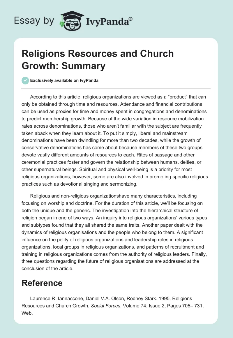 Religions Resources and Church Growth: Summary. Page 1