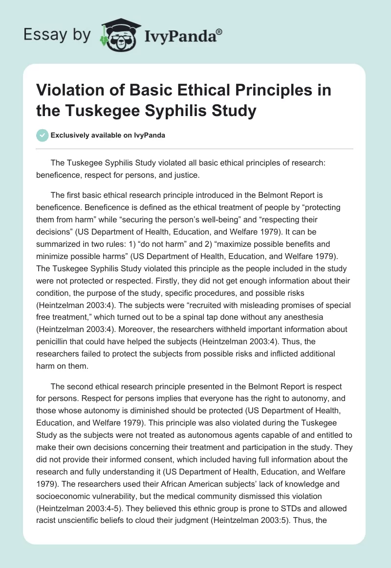 tuskegee syphilis study ethical issues essay