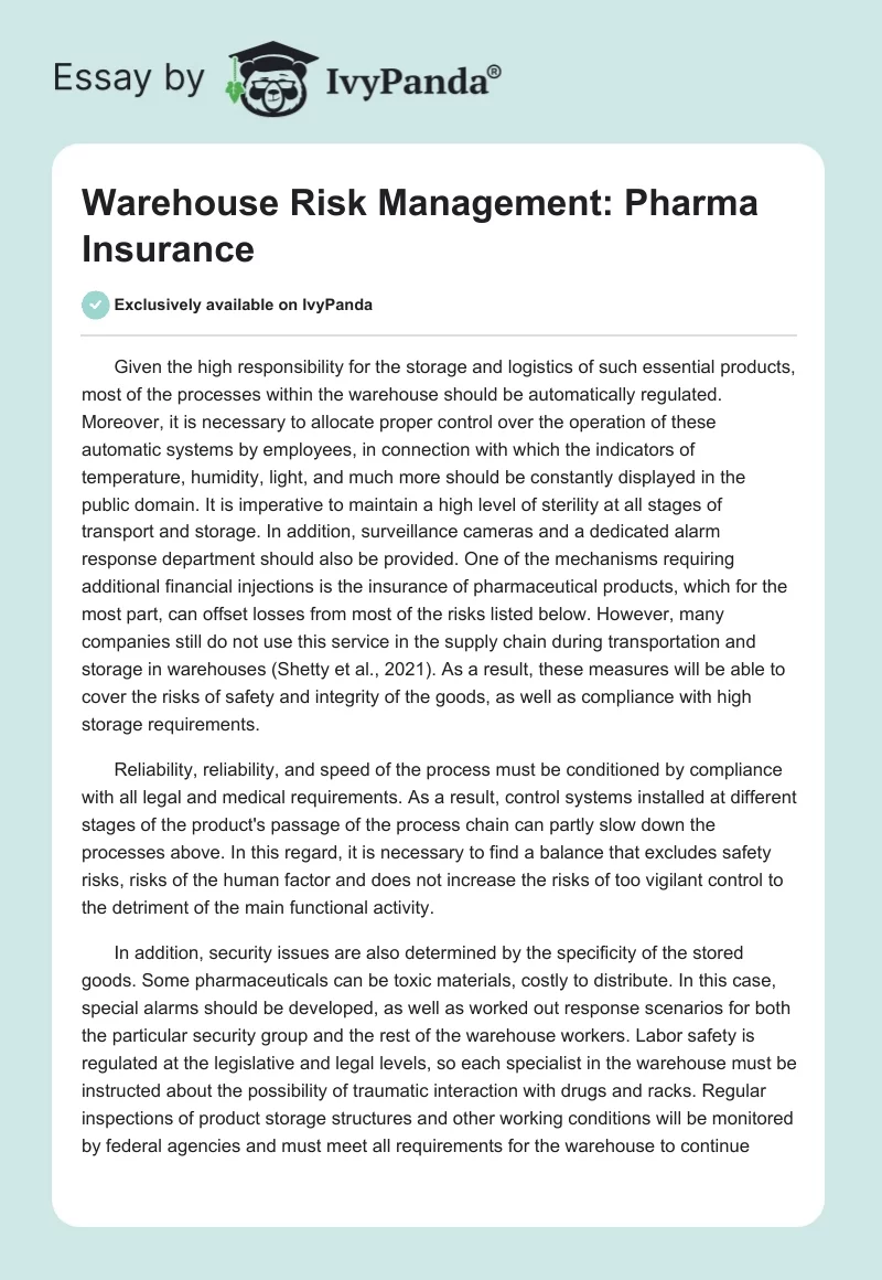 Warehouse Risk Management: Pharma Insurance. Page 1