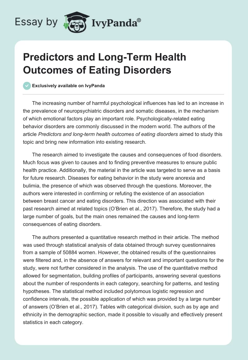 Predictors and Long-Term Health Outcomes of Eating Disorders. Page 1