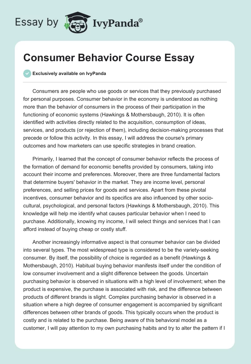 Consumer Behavior Course Essay. Page 1