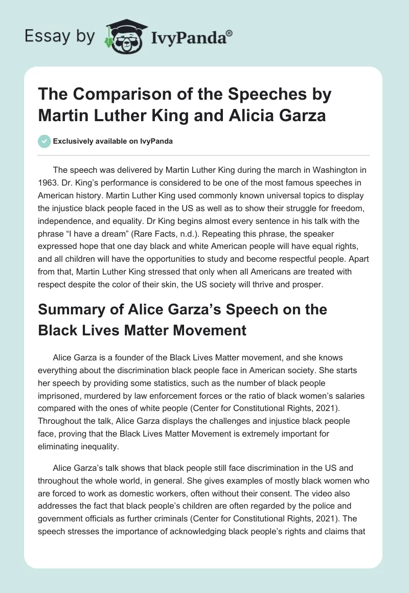 The Comparison of the Speeches by Martin Luther King and Alicia Garza. Page 1