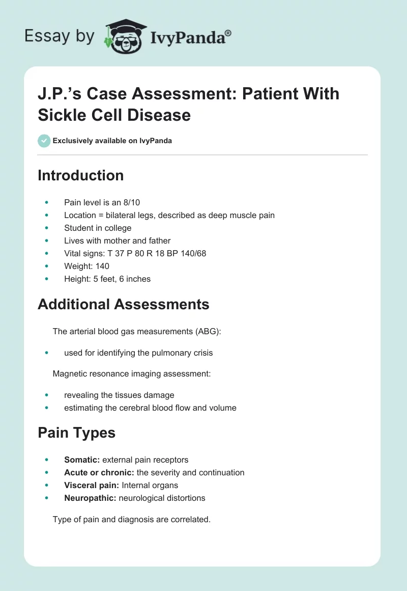 J.P.’s Case Assessment: Patient With Sickle Cell Disease. Page 1