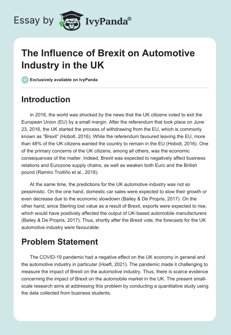 The Influence of Brexit on Automotive Industry in the UK. Page 1