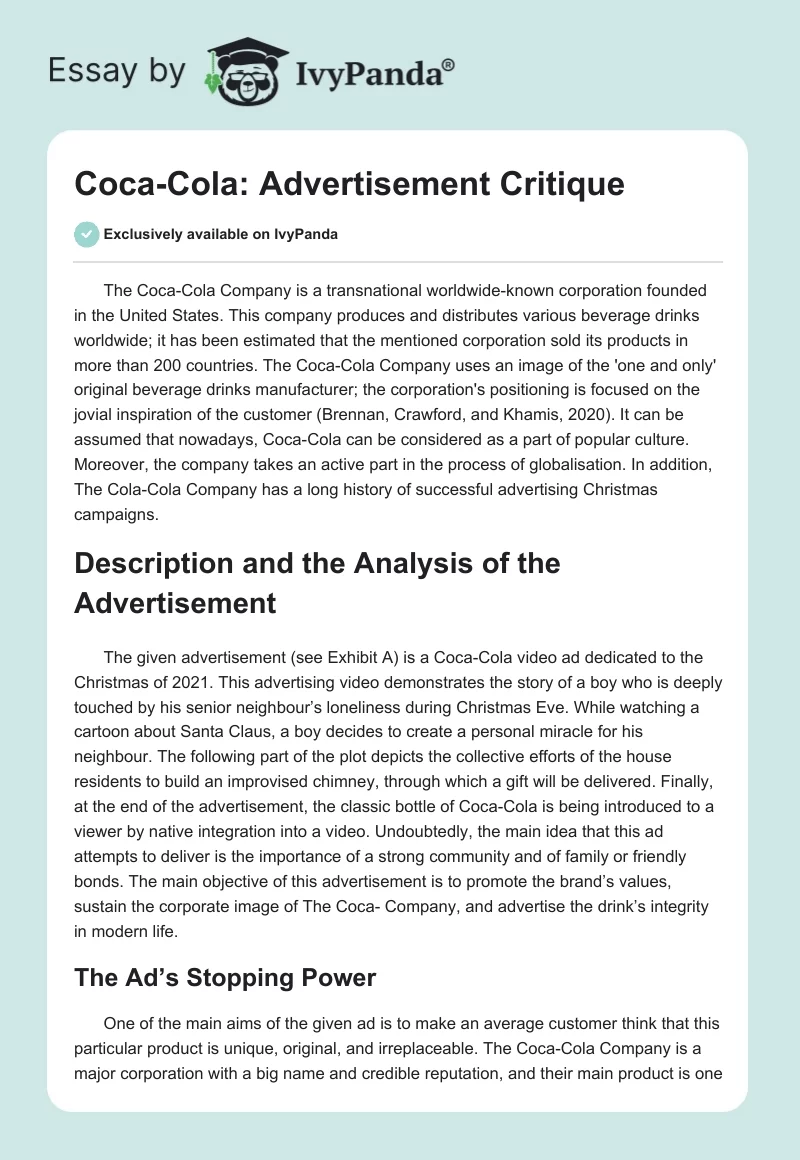 Coca-Cola: Advertisement Critique. Page 1