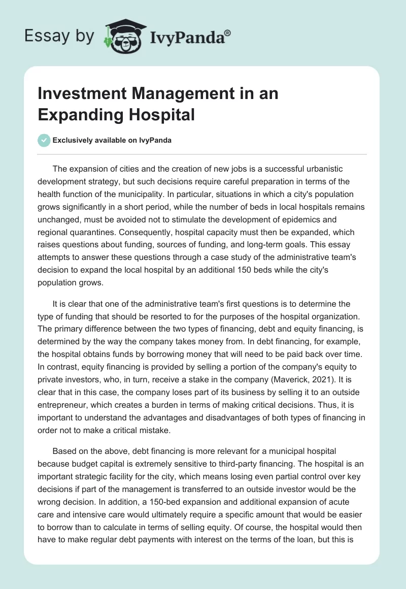 Investment Management in an Expanding Hospital. Page 1