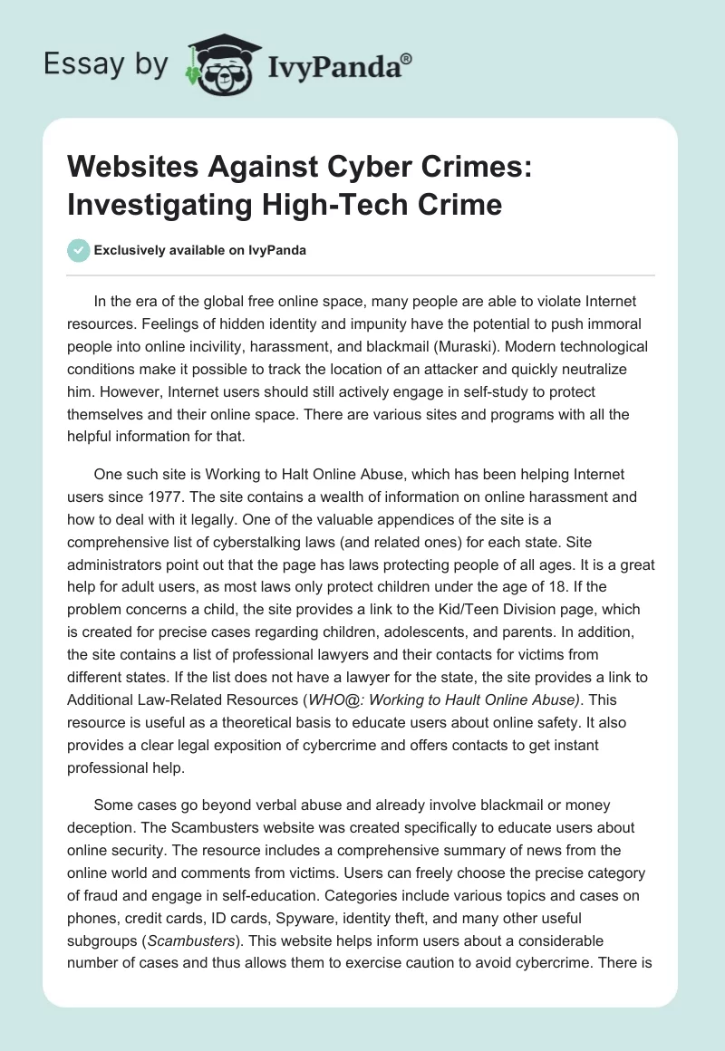 Websites Against Cyber Crimes: Investigating High-Tech Crime. Page 1