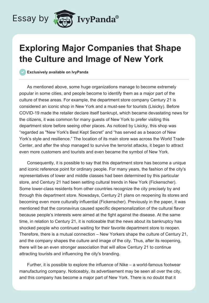 Exploring Major Companies that Shape the Culture and Image of New York. Page 1