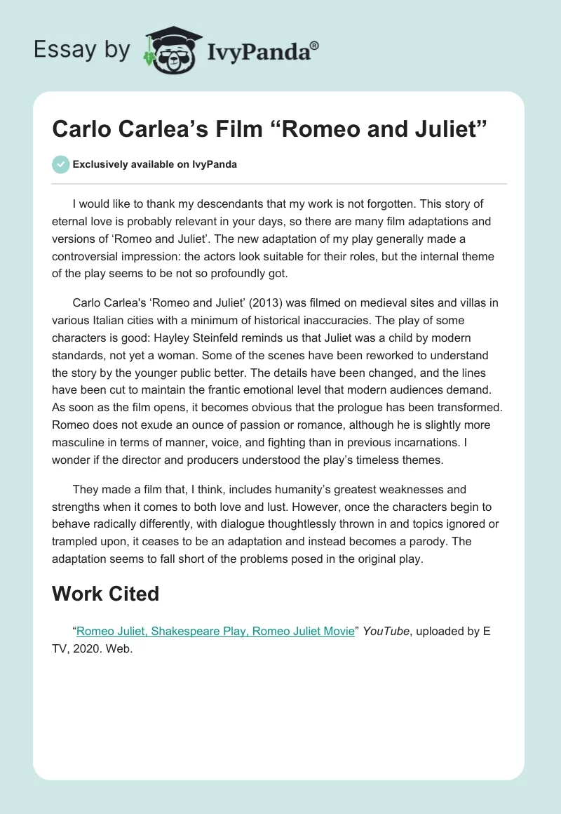 Carlo Carlea’s Film “Romeo and Juliet”. Page 1