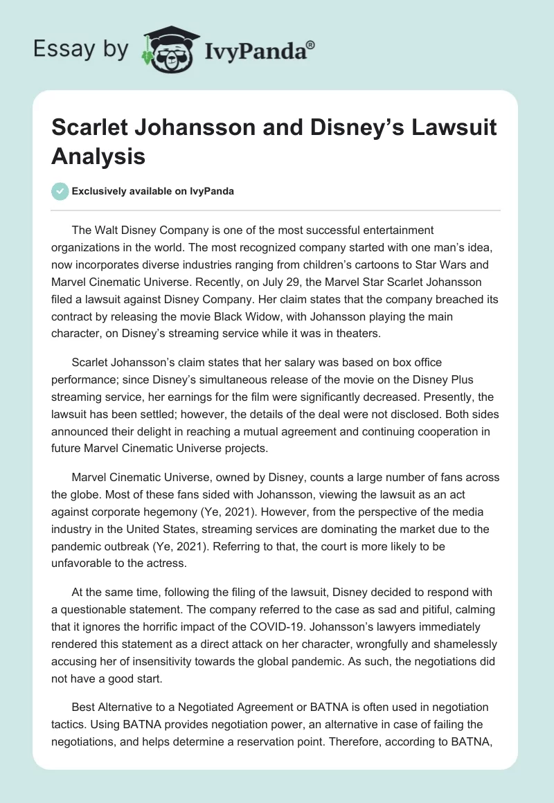 Scarlet Johansson and Disney’s Lawsuit Analysis. Page 1