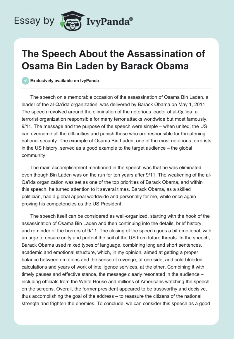 The Speech About the Assassination of Osama bin Laden by Barack Obama. Page 1