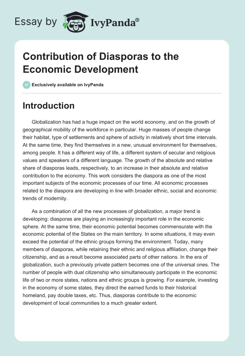 Contribution of Diasporas to the Economic Development. Page 1