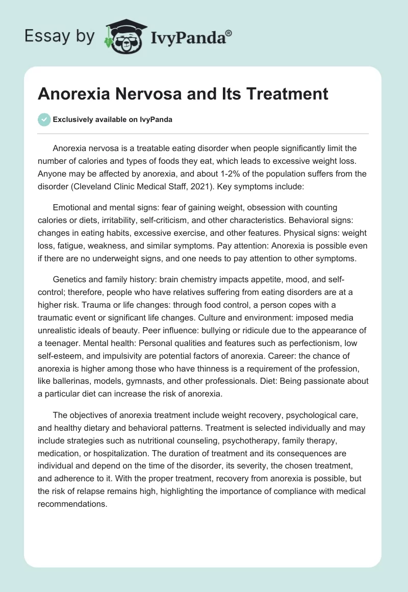 Anorexia Nervosa and Its Treatment. Page 1