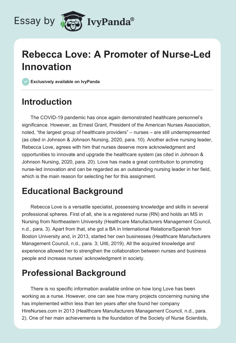 Rebecca Love: A Promoter of Nurse-Led Innovation. Page 1