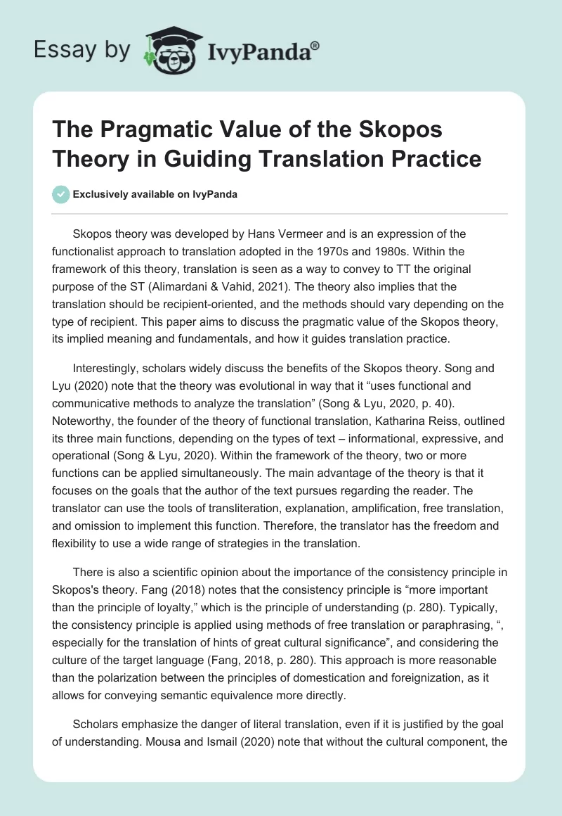 The Pragmatic Value of the Skopos Theory in Guiding Translation Practice. Page 1
