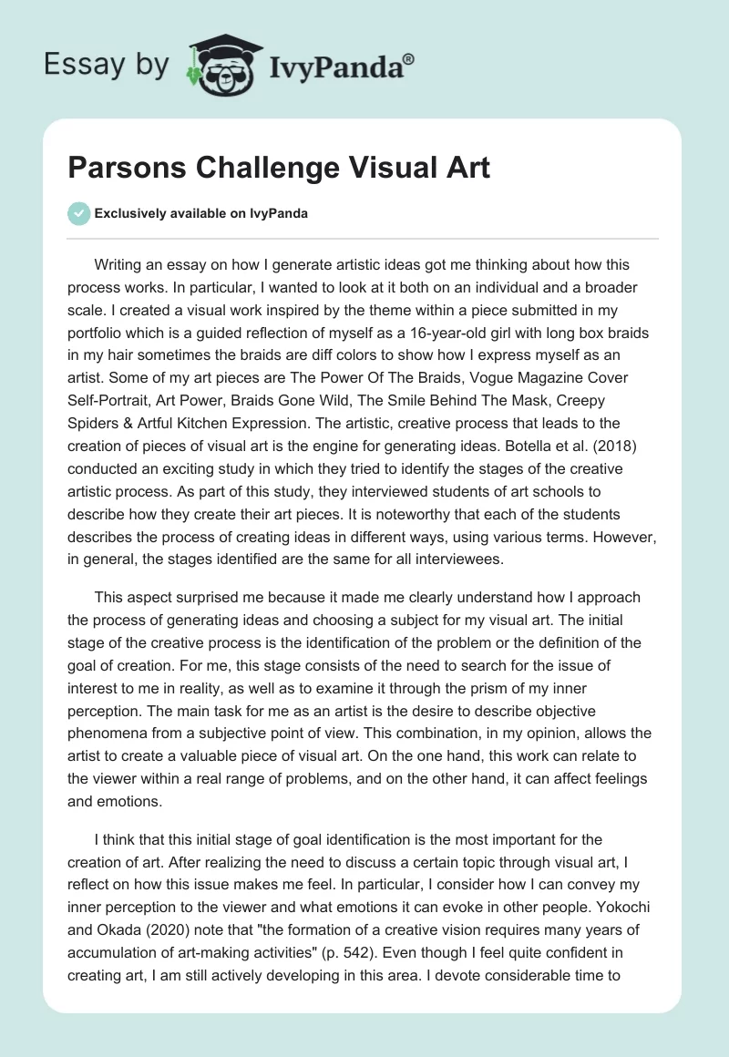 Parsons Challenge Visual Art. Page 1