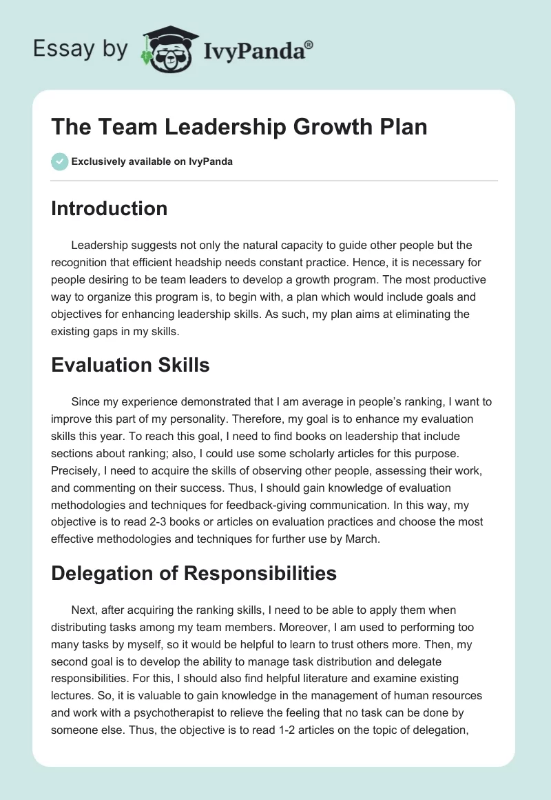The Team Leadership Growth Plan. Page 1
