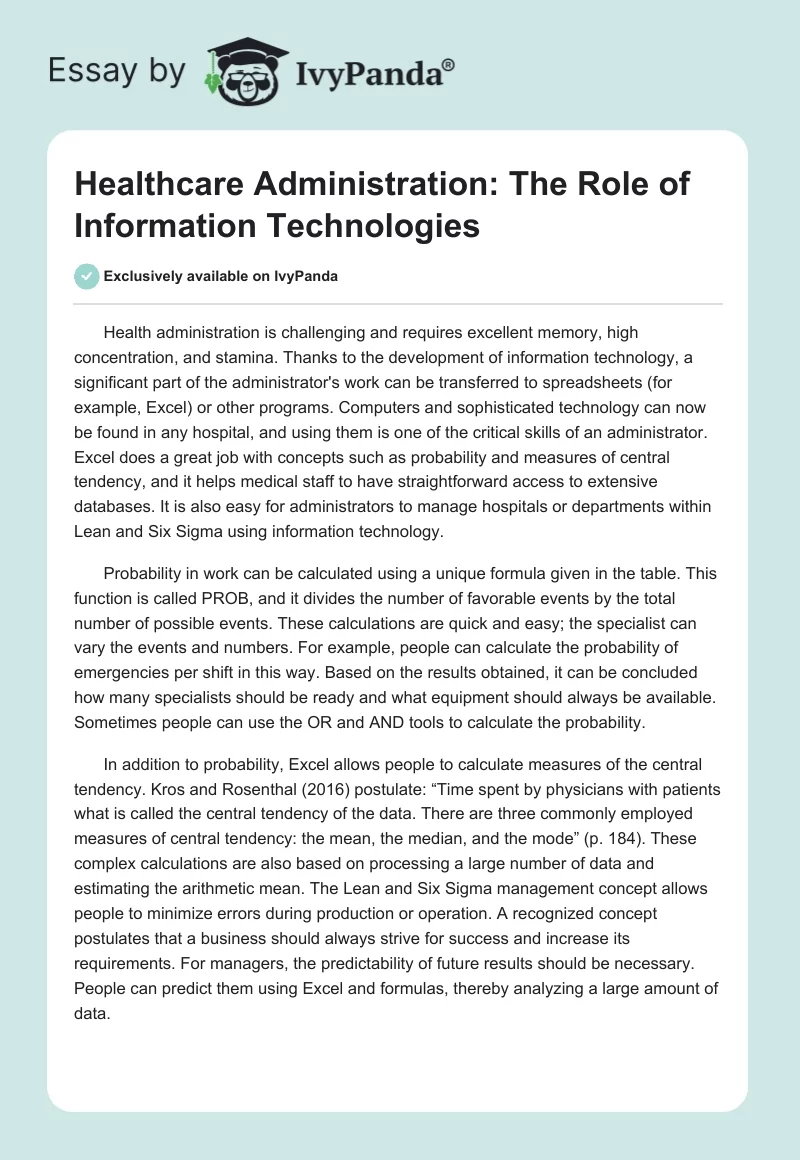 Healthcare Administration: The Role of Information Technologies. Page 1