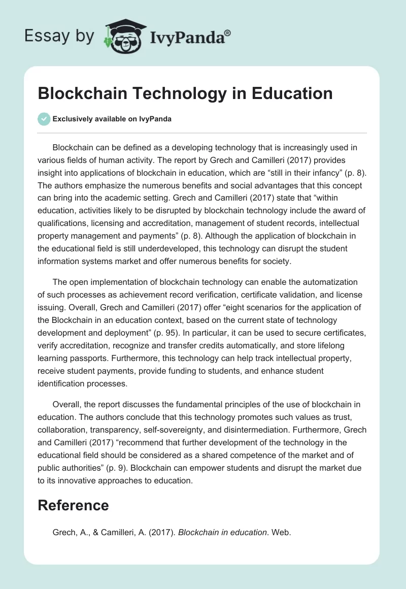 Blockchain Technology in Education. Page 1