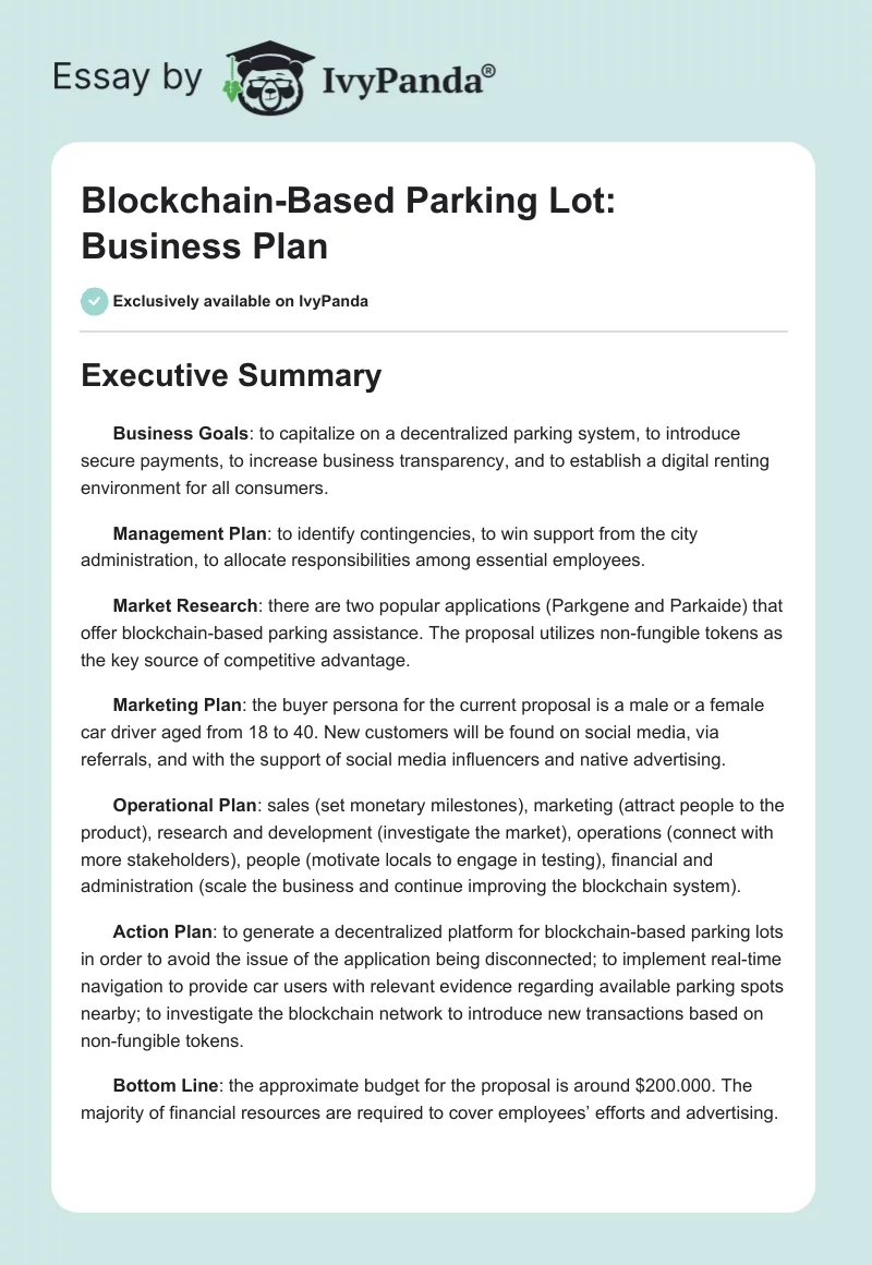 Blockchain-Based Parking Lot: Business Plan. Page 1