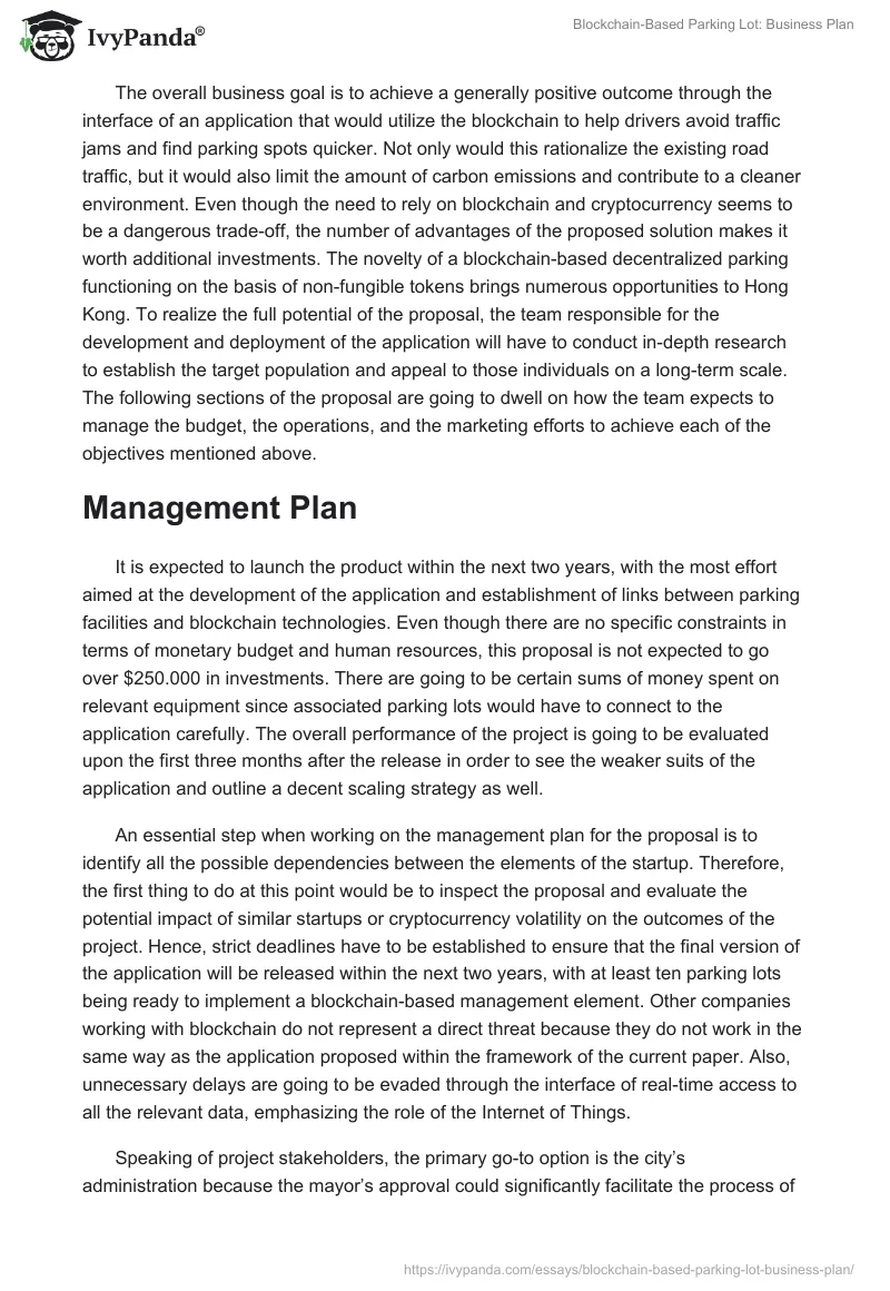 Blockchain-Based Parking Lot: Business Plan. Page 5