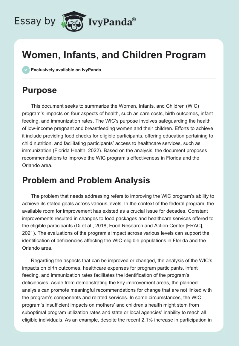 Women, Infants, and Children Program. Page 1