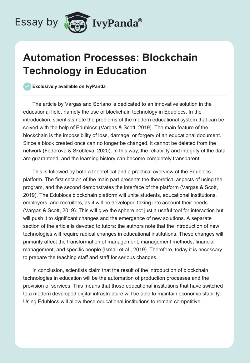 Automation Processes: Blockchain Technology in Education. Page 1