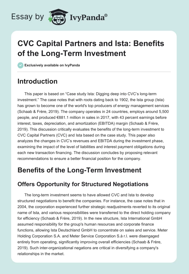 CVC Capital Partners and Ista: Benefits of the Long-Term Investment. Page 1