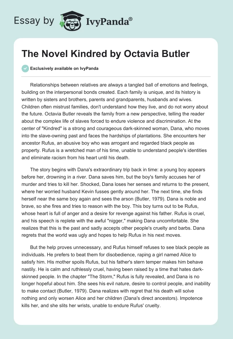 The Novel "Kindred" by Octavia Butler. Page 1
