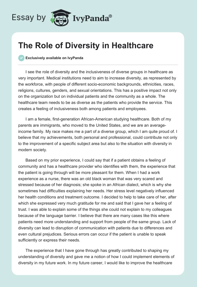 The Role of Diversity in Healthcare. Page 1
