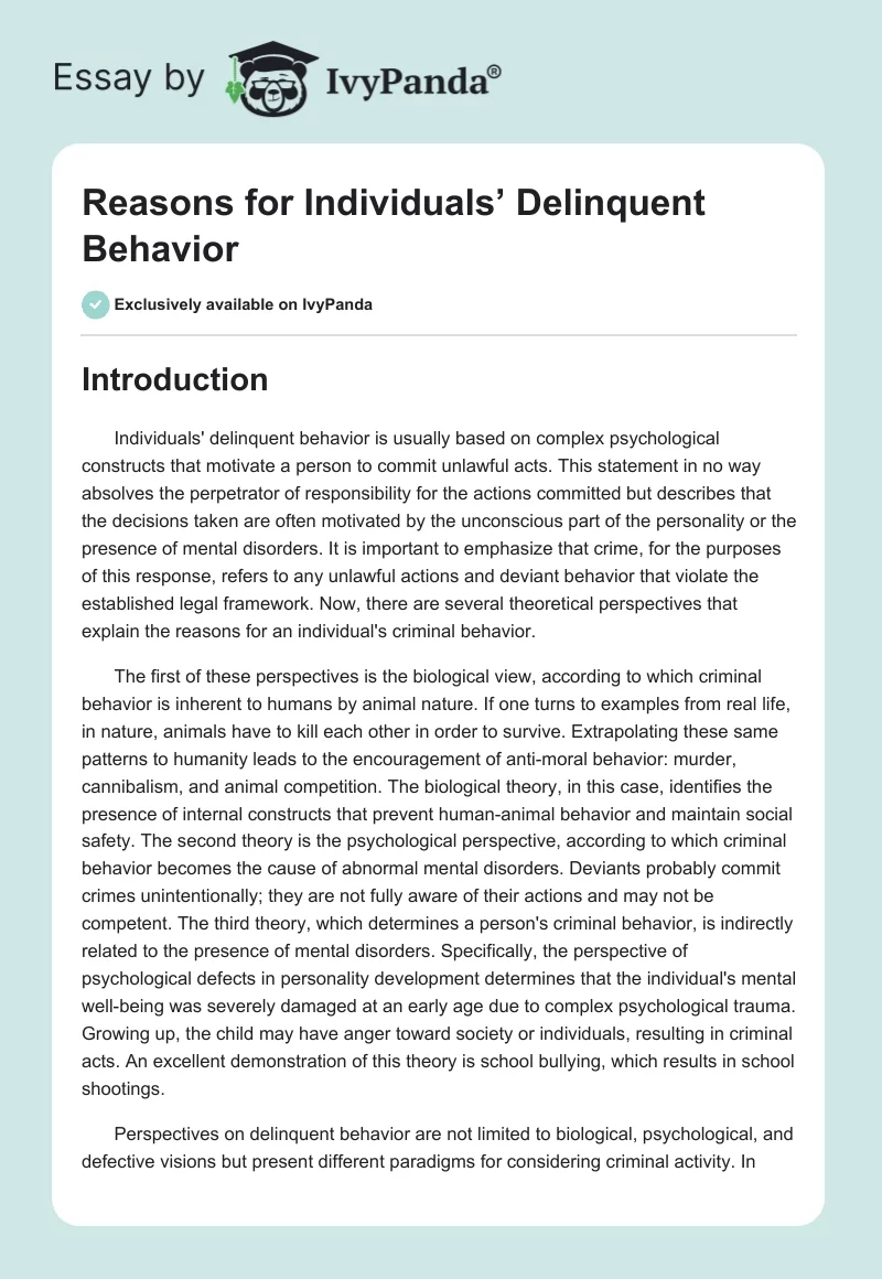 Reasons for Individuals’ Delinquent Behavior. Page 1