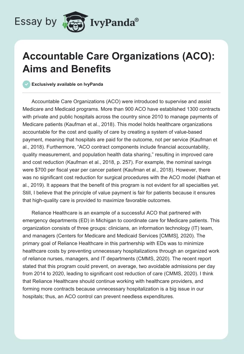 Accountable Care Organizations (ACO): Aims and Benefits. Page 1