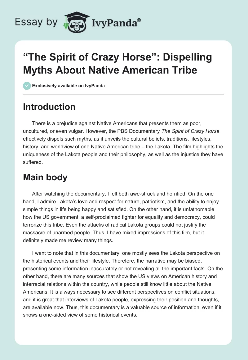 “The Spirit of Crazy Horse”: Dispelling Myths About Native American Tribe. Page 1