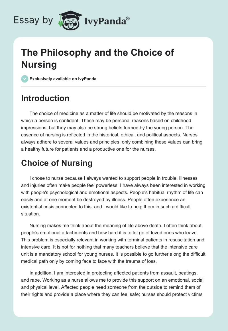 The Philosophy and the Choice of Nursing. Page 1