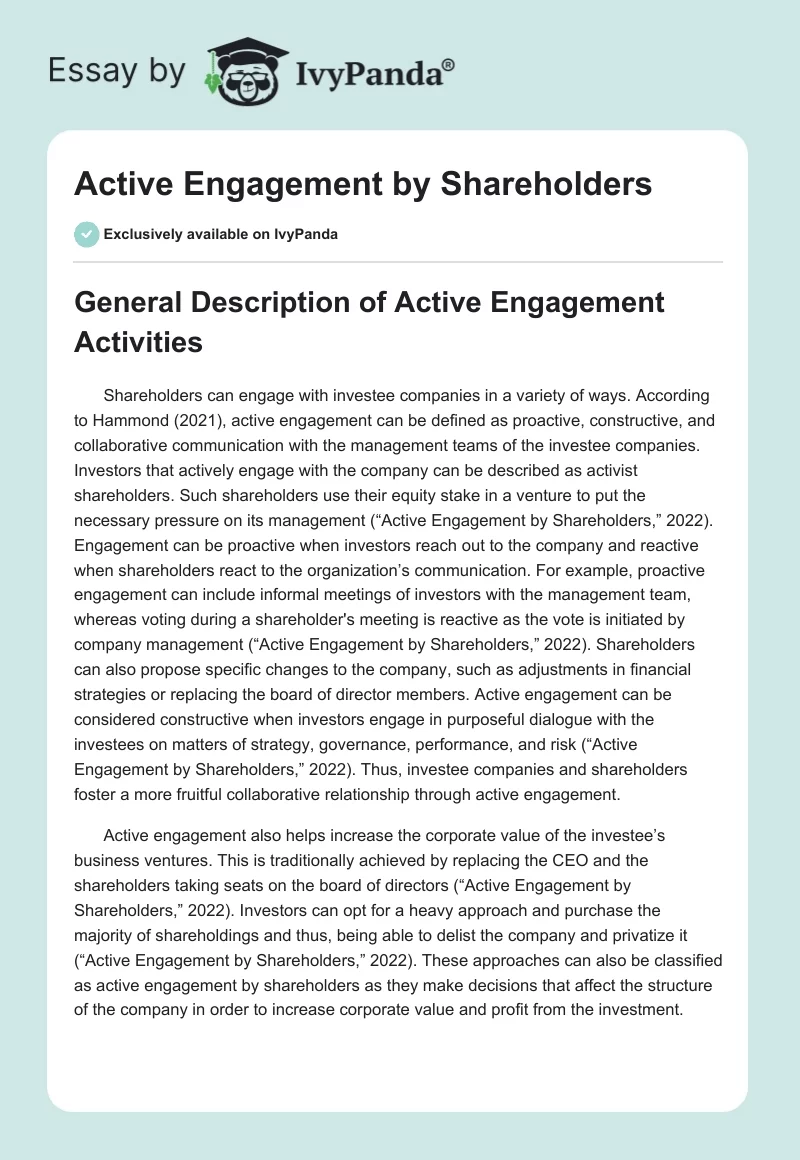 Active Engagement by Shareholders. Page 1