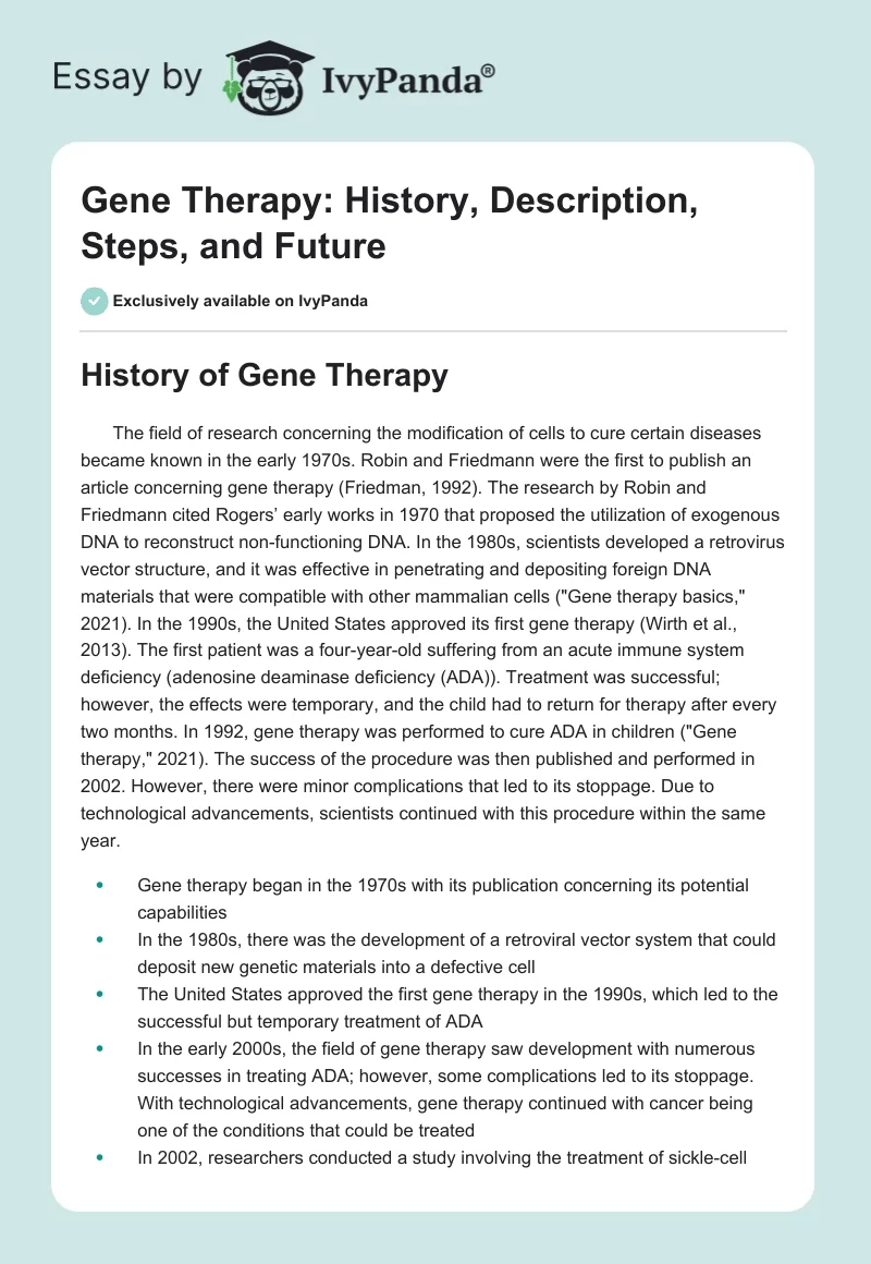 Gene Therapy: History, Description, Steps, and Future. Page 1