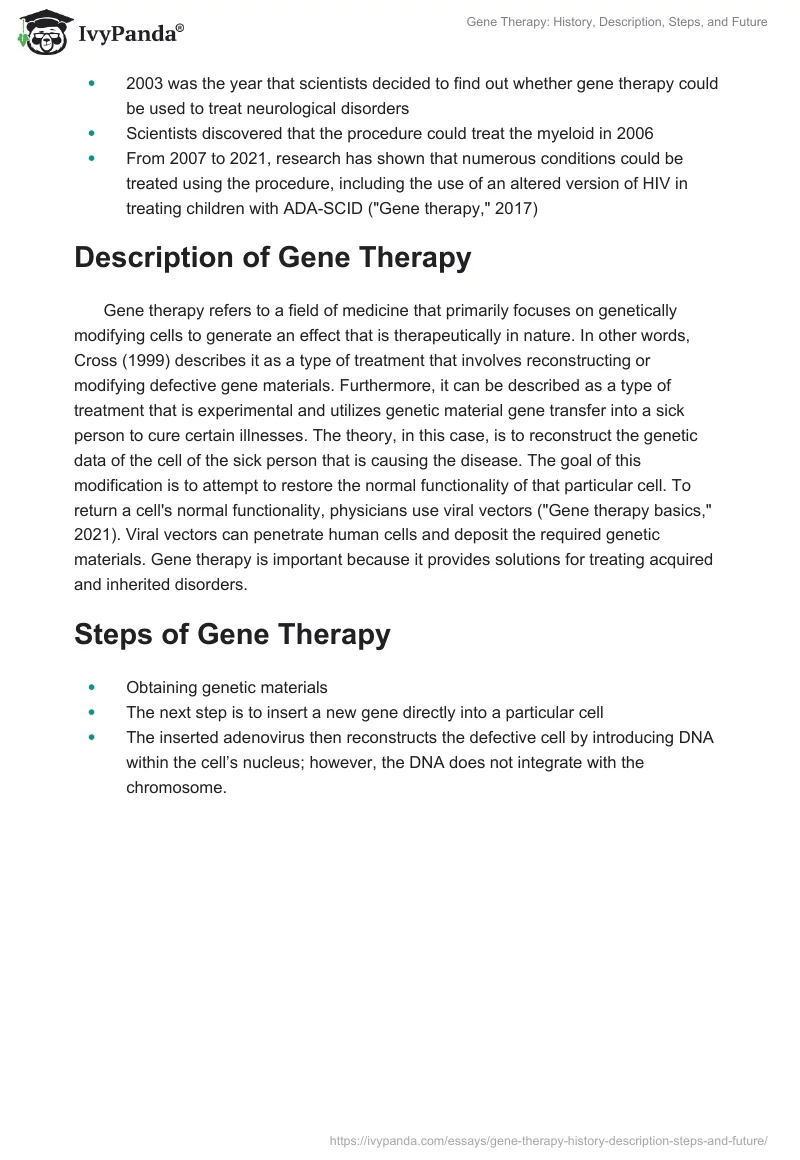 Gene Therapy: History, Description, Steps, and Future. Page 2