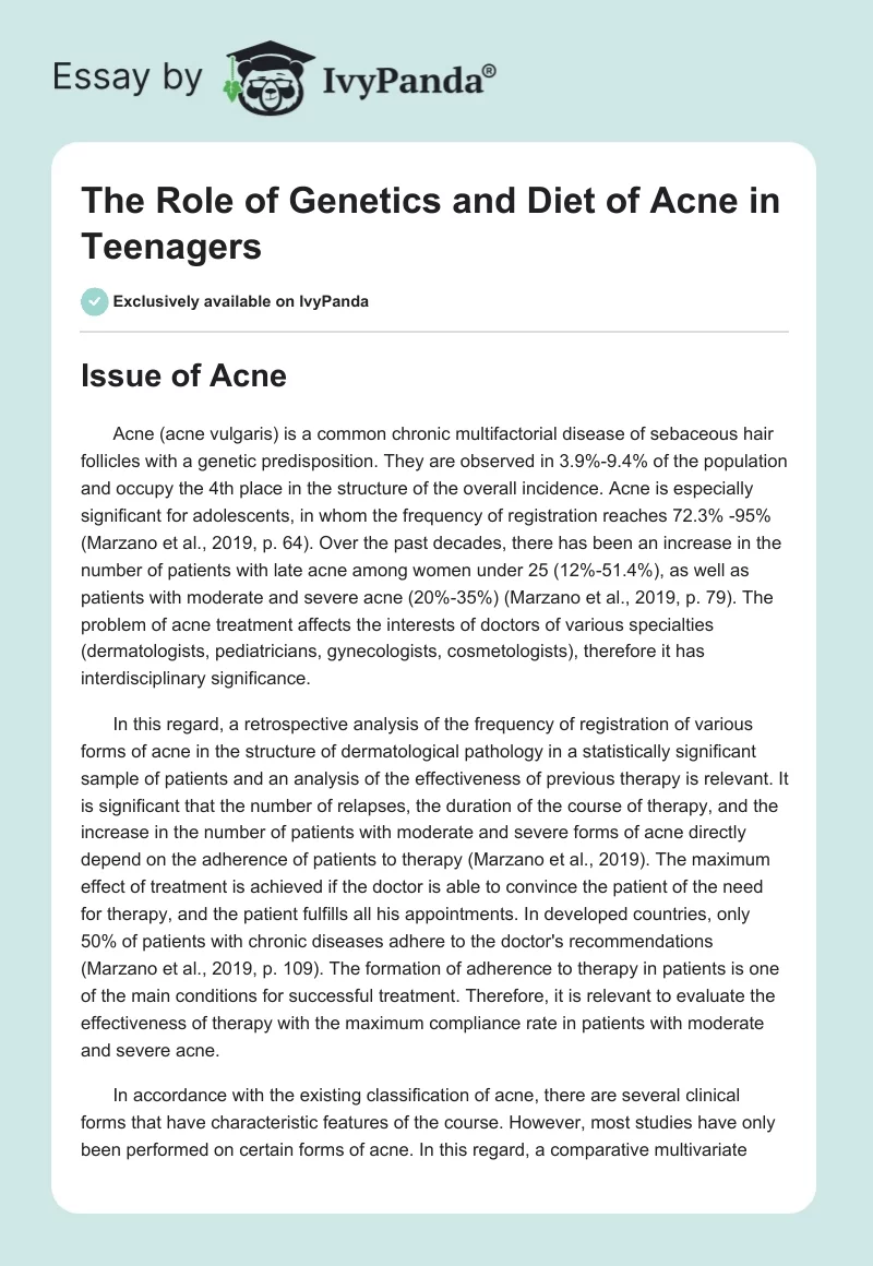 The Role of Genetics and Diet of Acne in Teenagers. Page 1