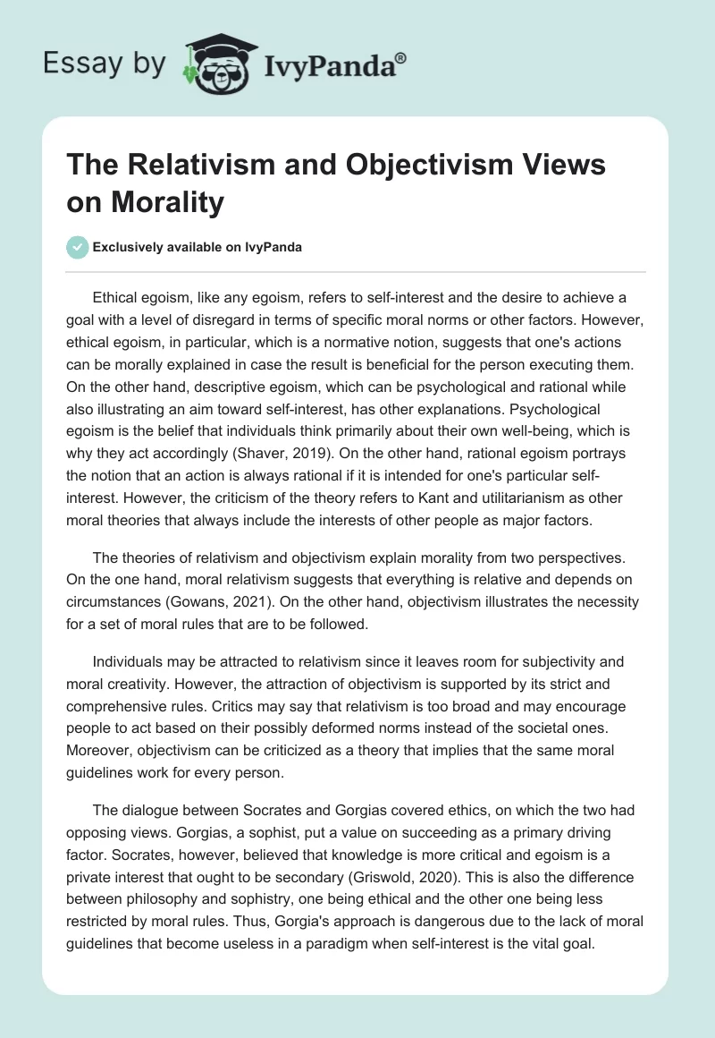 The Relativism and Objectivism Views on Morality. Page 1