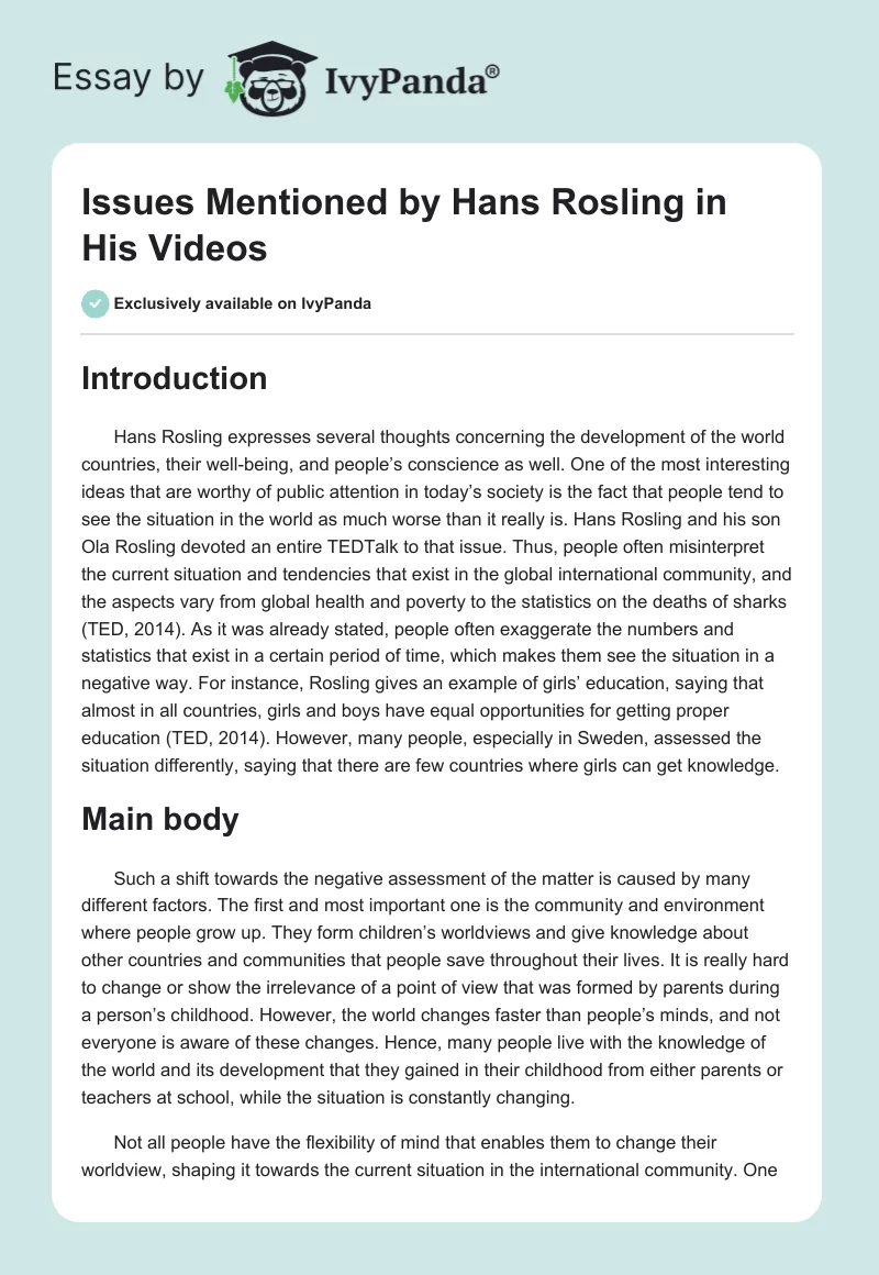 Issues Mentioned by Hans Rosling in His Videos. Page 1