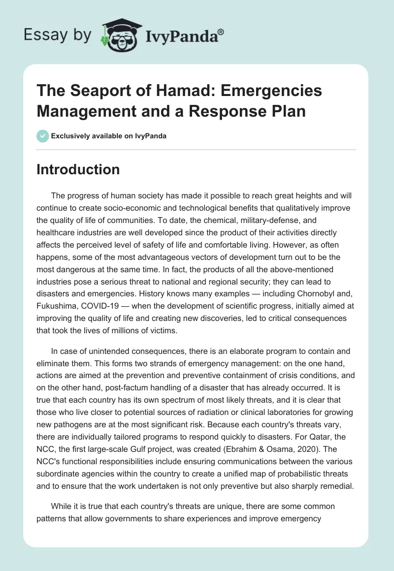 The Seaport of Hamad: Emergencies Management and a Response Plan. Page 1