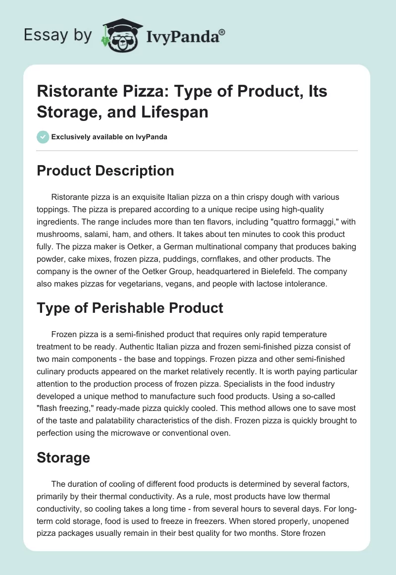 Ristorante Pizza: Type of Product, Its Storage, and Lifespan. Page 1