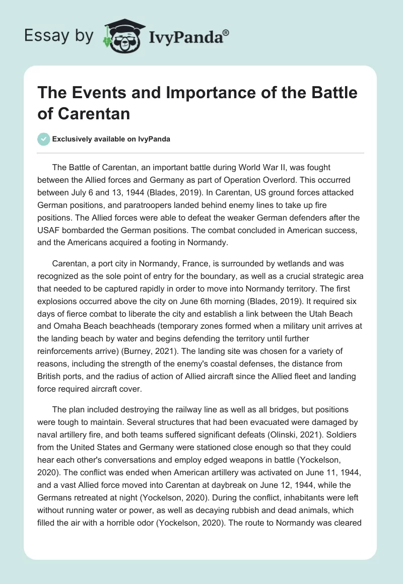 The Events and Importance of the Battle of Carentan. Page 1