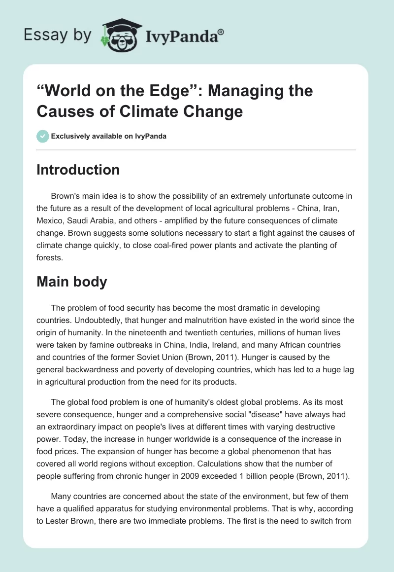 “World on the Edge”: Managing the Causes of Climate Change. Page 1