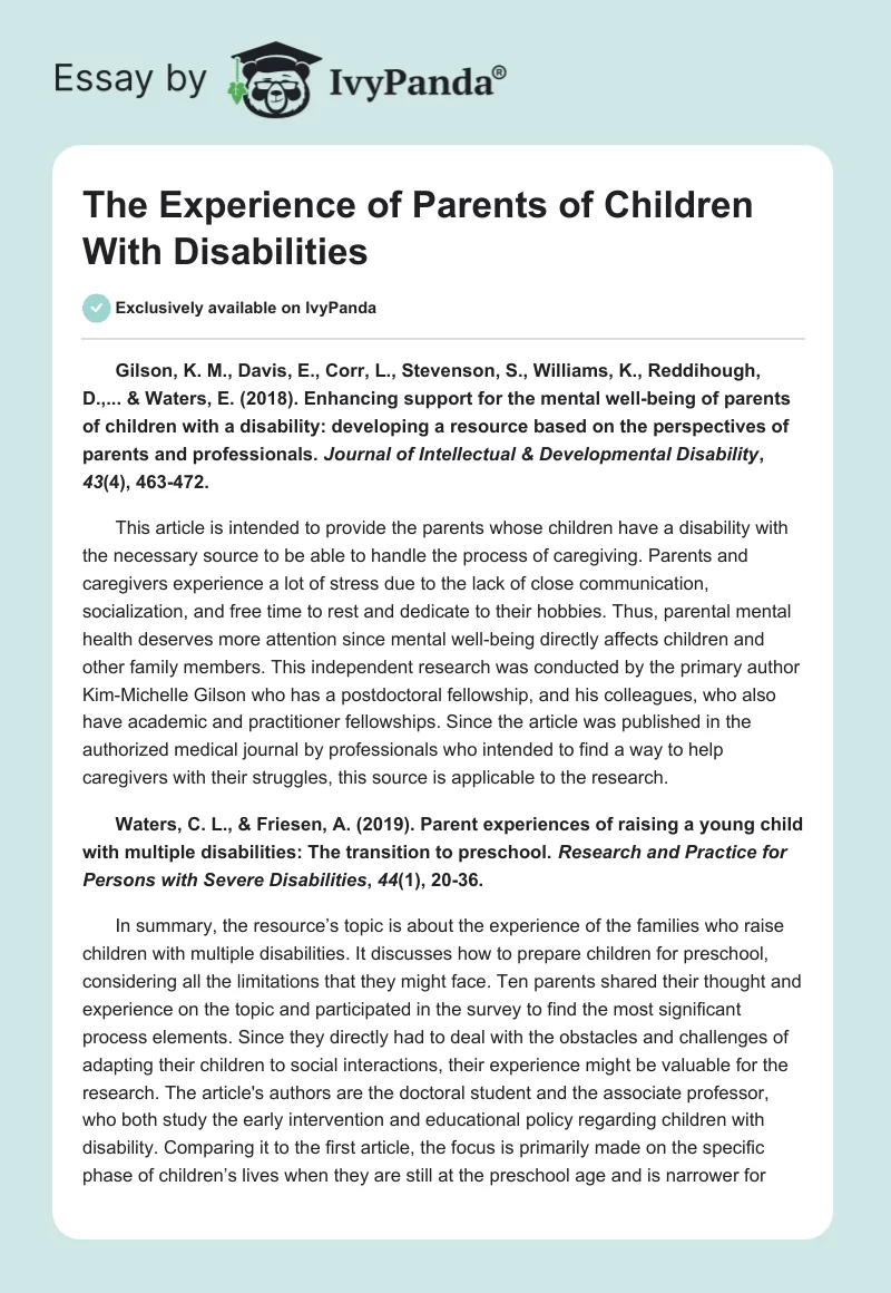 The Experience of Parents of Children With Disabilities. Page 1