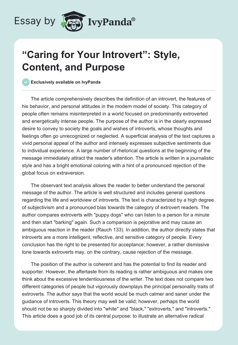 “Caring for Your Introvert”: Style, Content, and Purpose. Page 1