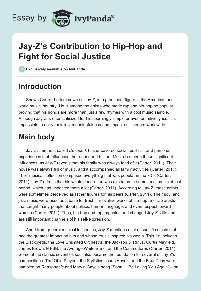 Jay-Z’s Contribution to Hip-Hop and Fight for Social Justice. Page 1
